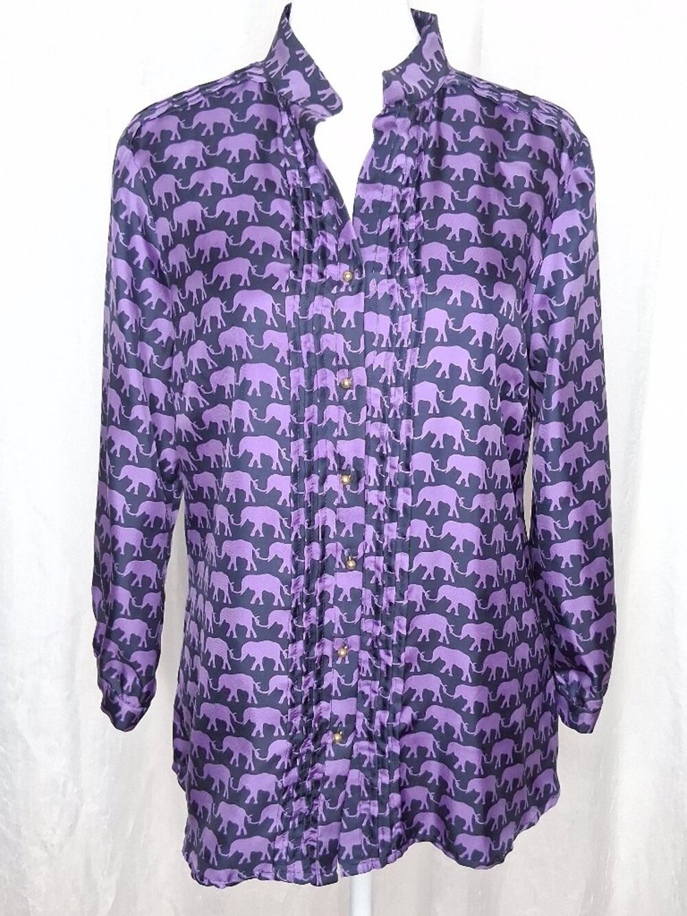 Elizabeth McKay Navy Silk Pleated Front Blouse w Purple Elephants